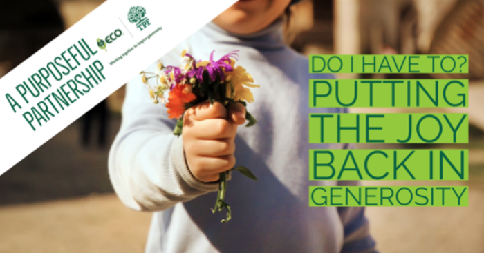 Young child holding flowers with "Do I have to? Putting the joy back in generosity" over top